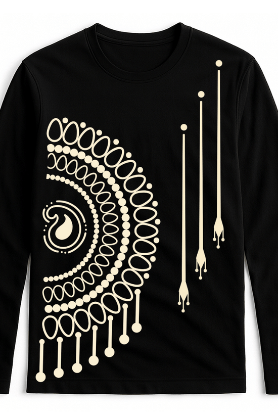 Mandala T-Shirt - Bengali Art Unisex in black with intricate Alpona design in maroon. Full sleeves, premium cotton, ideal for cultural fashion lovers.