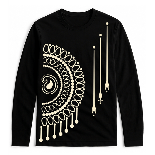 Mandala T-Shirt - Bengali Art Unisex in black with intricate Alpona design in maroon. Full sleeves, premium cotton, ideal for cultural fashion lovers.