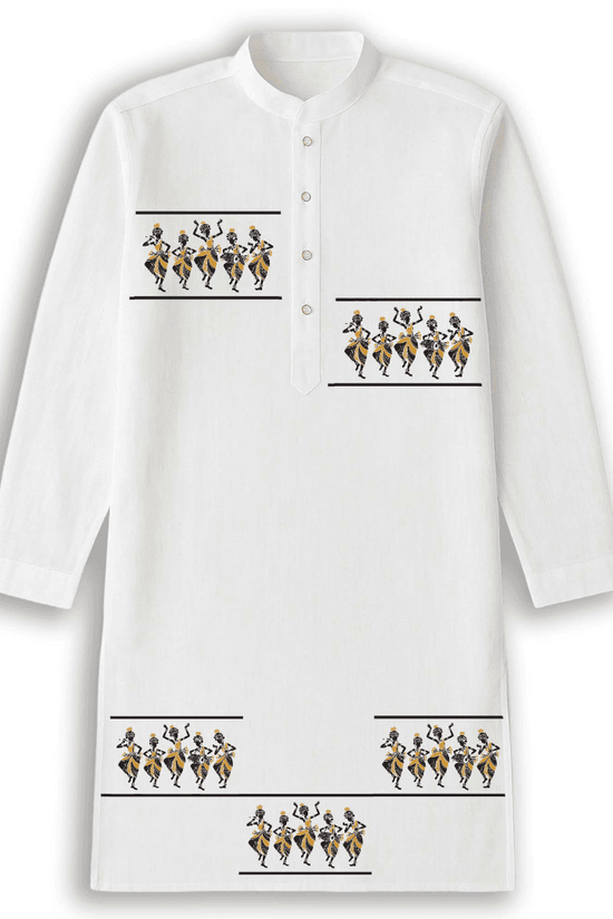 White cotton kurta for men with tribal dance ethnic print, featuring folk art motifs across chest, side, and hem for festive ethnic wear.