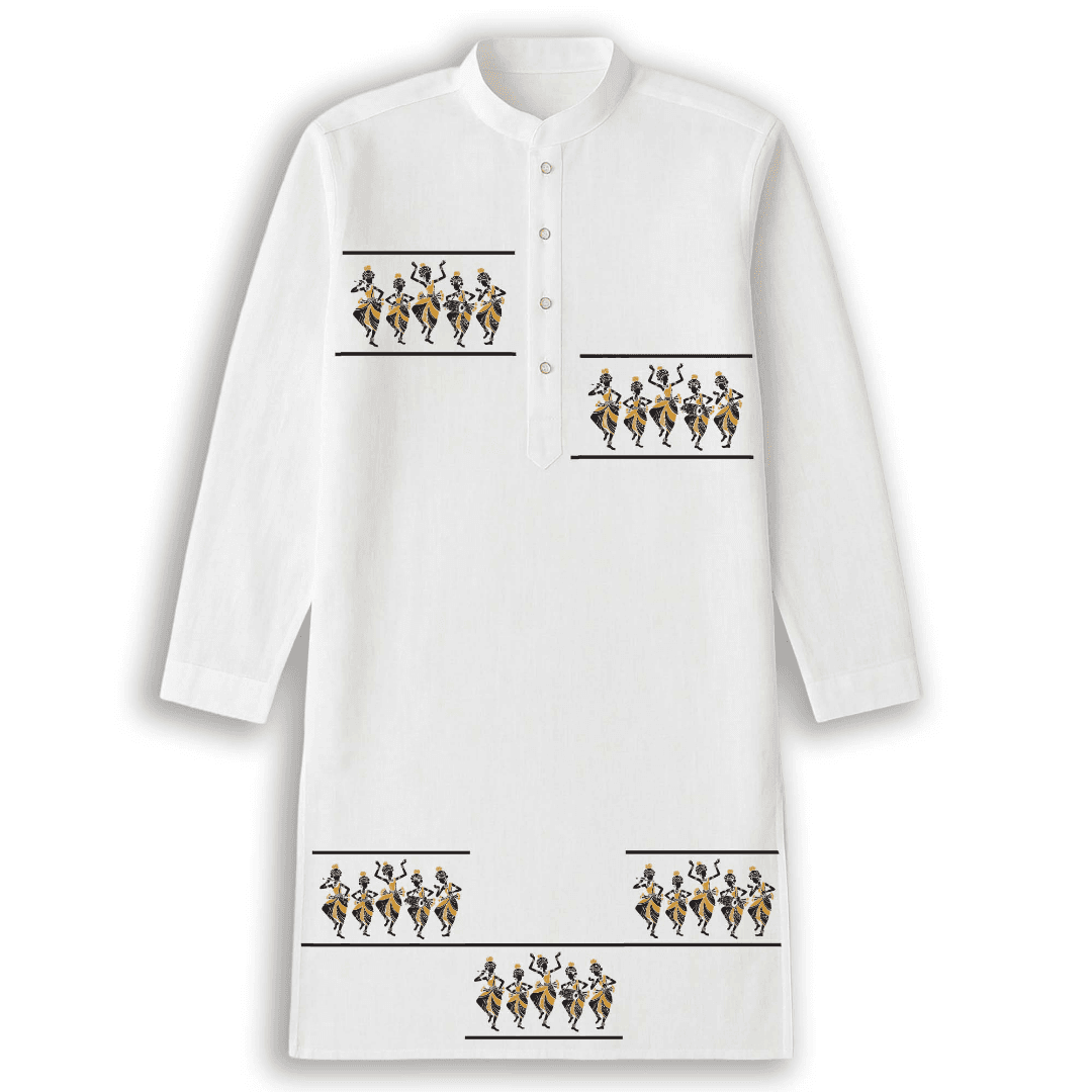 White cotton kurta for men with tribal dance ethnic print, featuring folk art motifs across chest, side, and hem for festive ethnic wear.