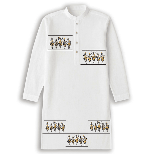 White cotton kurta for men with tribal dance ethnic print, featuring folk art motifs across chest, side, and hem for festive ethnic wear.