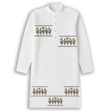 White cotton kurta for men with tribal dance ethnic print, featuring folk art motifs across chest, side, and hem for festive ethnic wear.