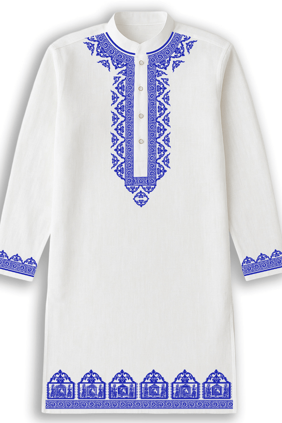 Traditional white Bengali Panjabi kurta with blue Palki print, ideal for weddings and cultural events. Features intricate cotton embroidery design.