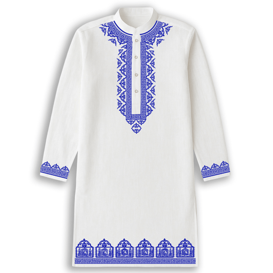 Traditional white Bengali Panjabi kurta with blue Palki print, ideal for weddings and cultural events. Features intricate cotton embroidery design.