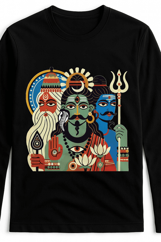 Tridev Bengali Heritage T-shirt - Patachitra Full Sleeves in black cotton featuring Brahma, Vishnu, and Mahesh in vibrant folk art design.
