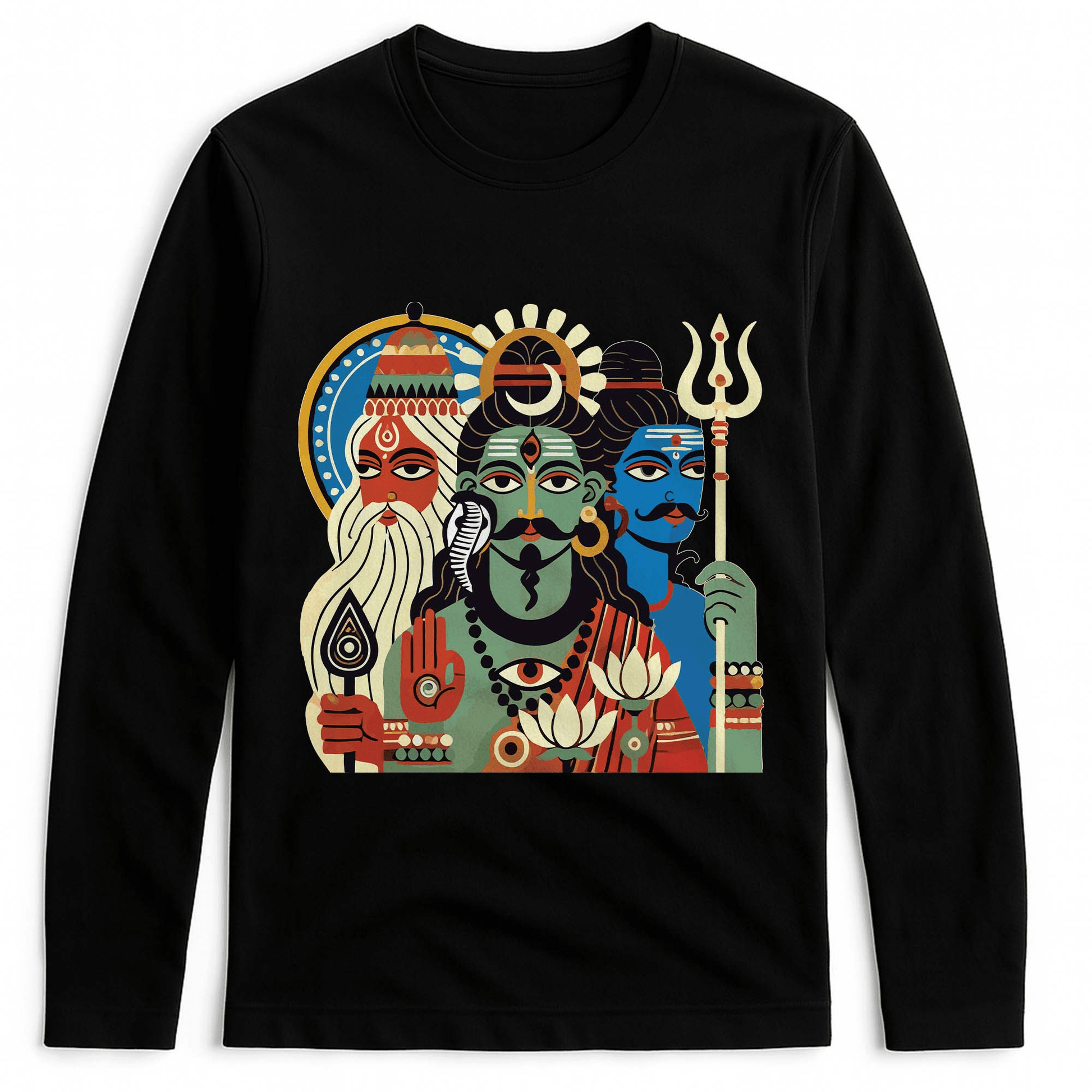 Tridev Bengali Heritage T-shirt - Patachitra Full Sleeves in black cotton featuring Brahma, Vishnu, and Mahesh in vibrant folk art design.