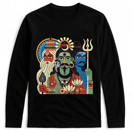 Tridev Bengali Heritage T-shirt - Patachitra Full Sleeves in black cotton featuring Brahma, Vishnu, and Mahesh in vibrant folk art design.