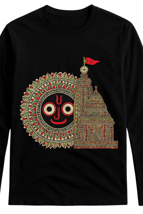 Puri Jagannath Temple T-Shirt - Full Sleeve featuring intricate Rath Yatra heritage design with temple and deity artwork in red and gold tones.