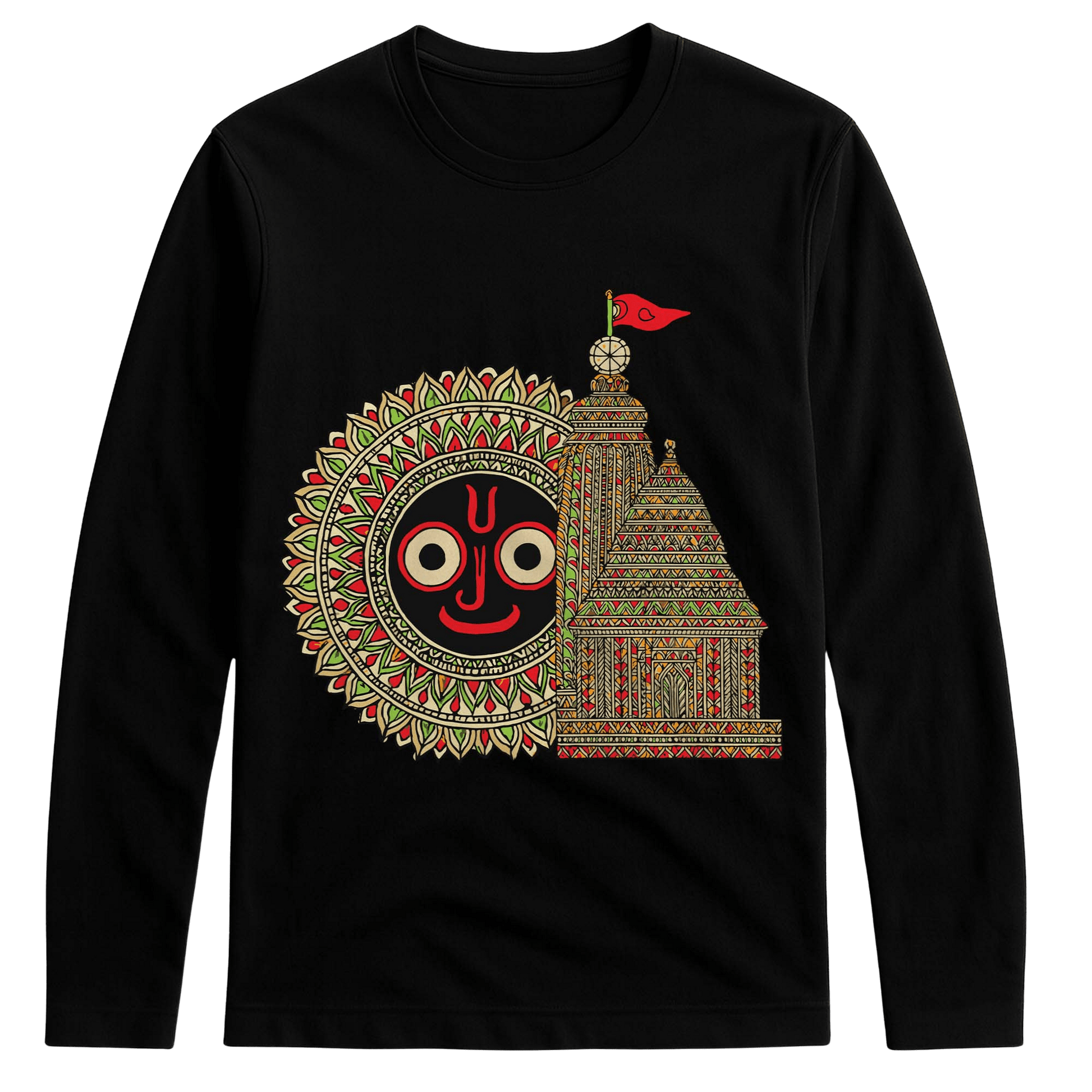 Puri Jagannath Temple T-Shirt - Full Sleeve featuring intricate Rath Yatra heritage design with temple and deity artwork in red and gold tones.