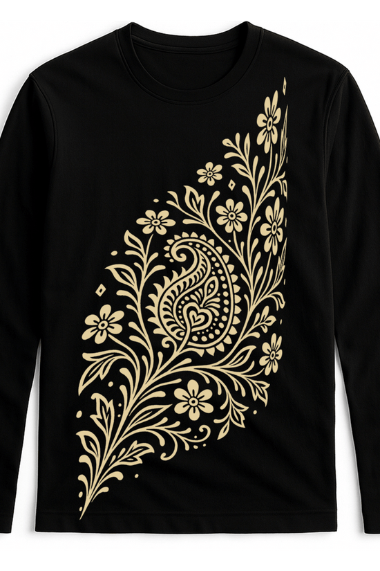 Alpona Grace Bengali full sleeve t-shirt in black with intricate floral Alpona design in beige. Unisex cotton tee celebrating Bengali tradition.