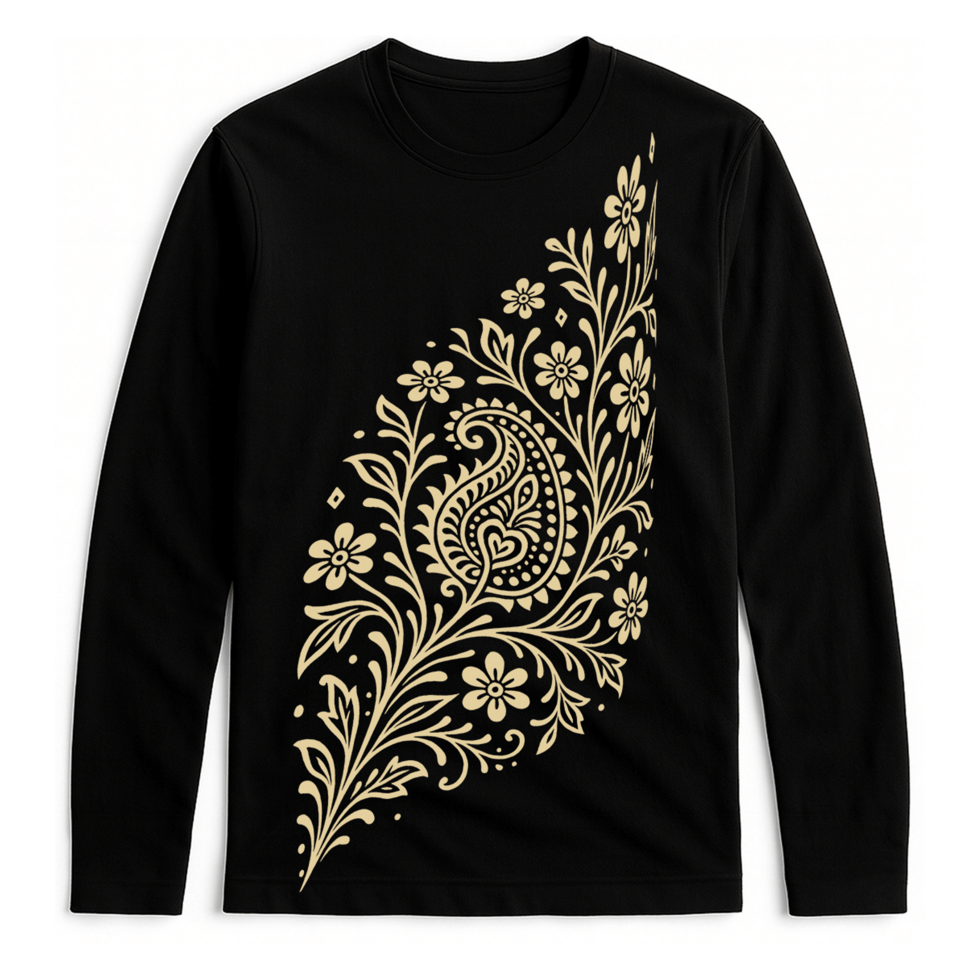 Alpona Grace Bengali full sleeve t-shirt in black with intricate floral Alpona design in beige. Unisex cotton tee celebrating Bengali tradition.