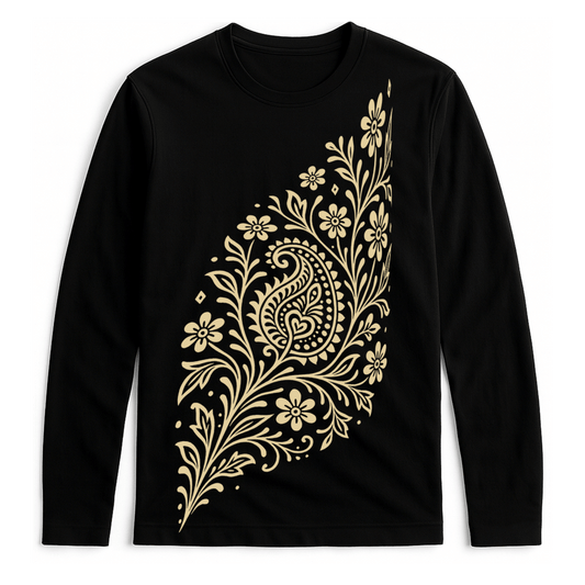 Alpona Grace Bengali full sleeve t-shirt in black with intricate floral Alpona design in beige. Unisex cotton tee celebrating Bengali tradition.