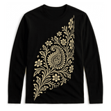 Alpona Grace Bengali full sleeve t-shirt in black with intricate floral Alpona design in beige. Unisex cotton tee celebrating Bengali tradition.