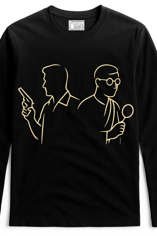 Feluda Byomkesh T-Shirt - Satyajit Ray Tribute in black cotton with minimalist line art of iconic Bengali detectives holding a gun and magnifying glass.