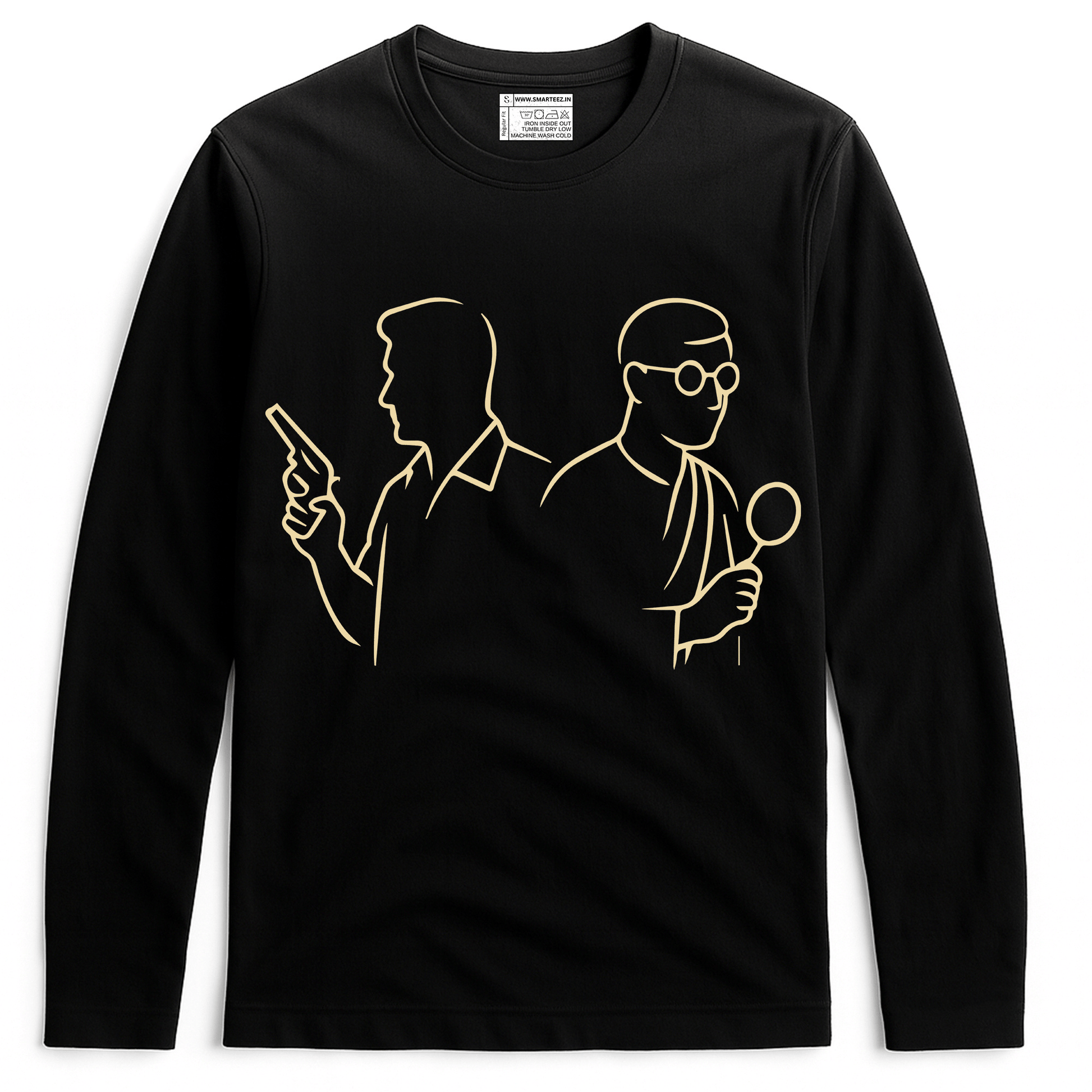 Feluda Byomkesh T-Shirt - Satyajit Ray Tribute in black cotton with minimalist line art of iconic Bengali detectives holding a gun and magnifying glass.