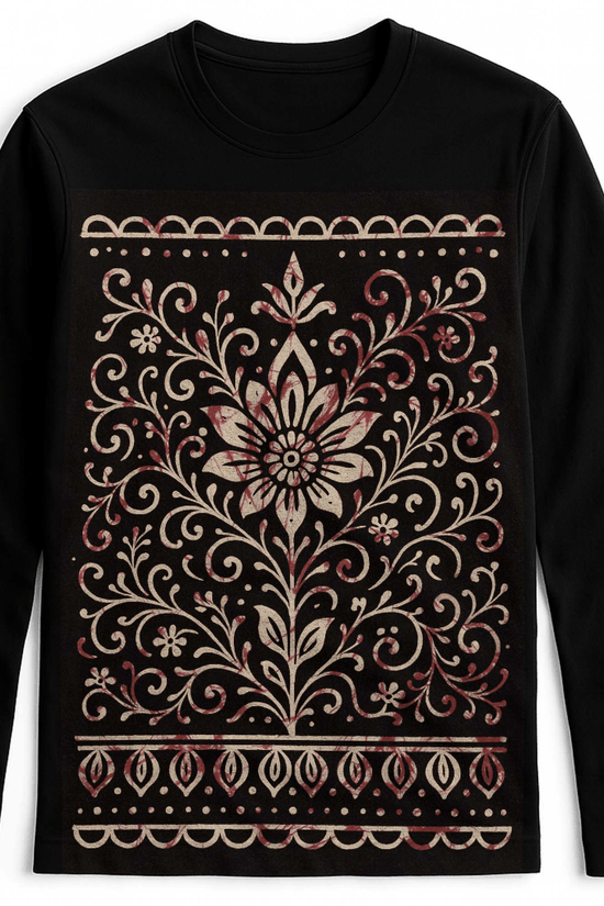 Bengali Alpona Art T-Shirt with intricate floral folk design in beige and maroon on black cotton fabric. Unisex full sleeves ethnic wear.