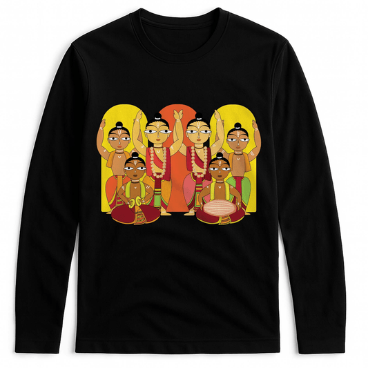 Hare Krishna Unisex Tee - Devotion in Style with vibrant Sankirtan artwork on black full sleeves T-shirt for men and women in spiritual gatherings.