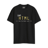 I Love HTML oversized graphic T-shirt for men and women with Bengali humor text Hilsa Tea Mutton Lyad in bold yellow and white print. Ideal unisex mens humour t shirts with relaxed fit for casual streetwear style.