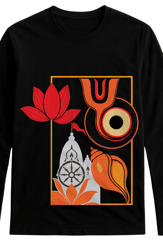 Jagannath Temple Tee - Religious Full Sleeve Tshirt with minimalist Rath Yatra design, featuring Puri temple silhouette, lotus, and chariot flag.