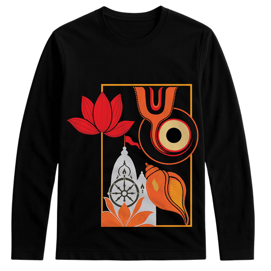 Jagannath Temple Tee - Religious Full Sleeve Tshirt with minimalist Rath Yatra design, featuring Puri temple silhouette, lotus, and chariot flag.