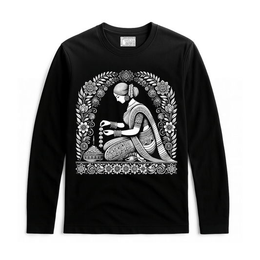 Malini Alpona Art T-shirt features a detailed Bengali folk art graphic of a woman creating Alpona, printed on a black unisex full sleeves cotton tee. Ideal for cultural fashion lovers seeking traditional design in modern apparel.