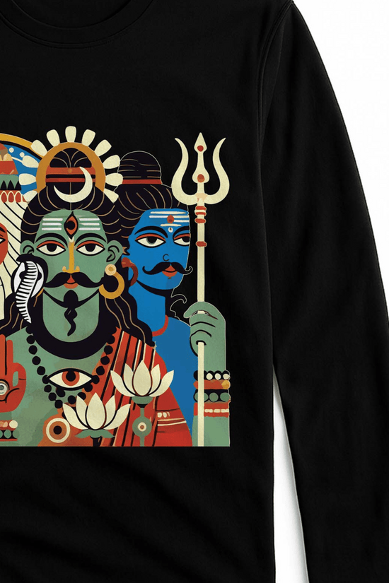Tridev Bengali Heritage T-shirt - Patachitra Full Sleeves features Brahma, Vishnu, and Mahesh in vibrant folk art on black cotton fabric. Unisex spiritual wear.