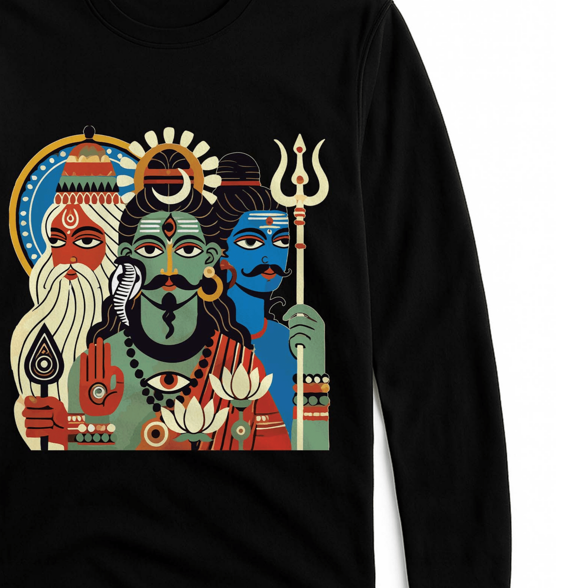Tridev Bengali Heritage T-shirt - Patachitra Full Sleeves features Brahma, Vishnu, and Mahesh in vibrant folk art on black cotton fabric. Unisex spiritual wear.