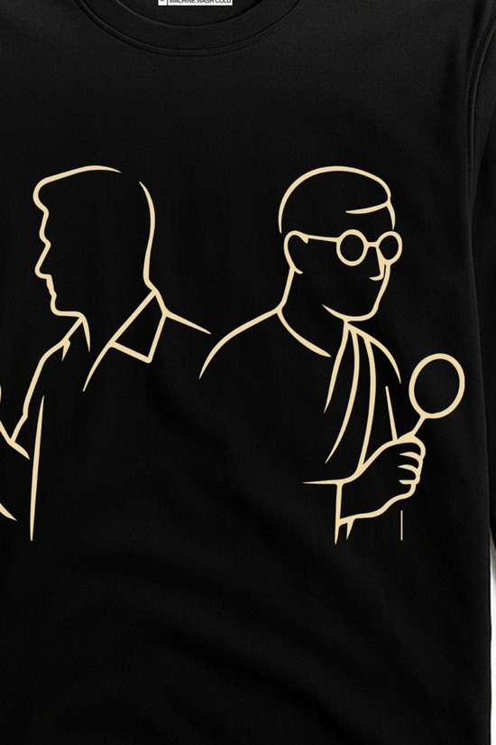Feluda Byomkesh T-Shirt - Satyajit Ray Tribute in black cotton with minimalist line art of iconic Bengali detectives holding a gun and magnifying glass.