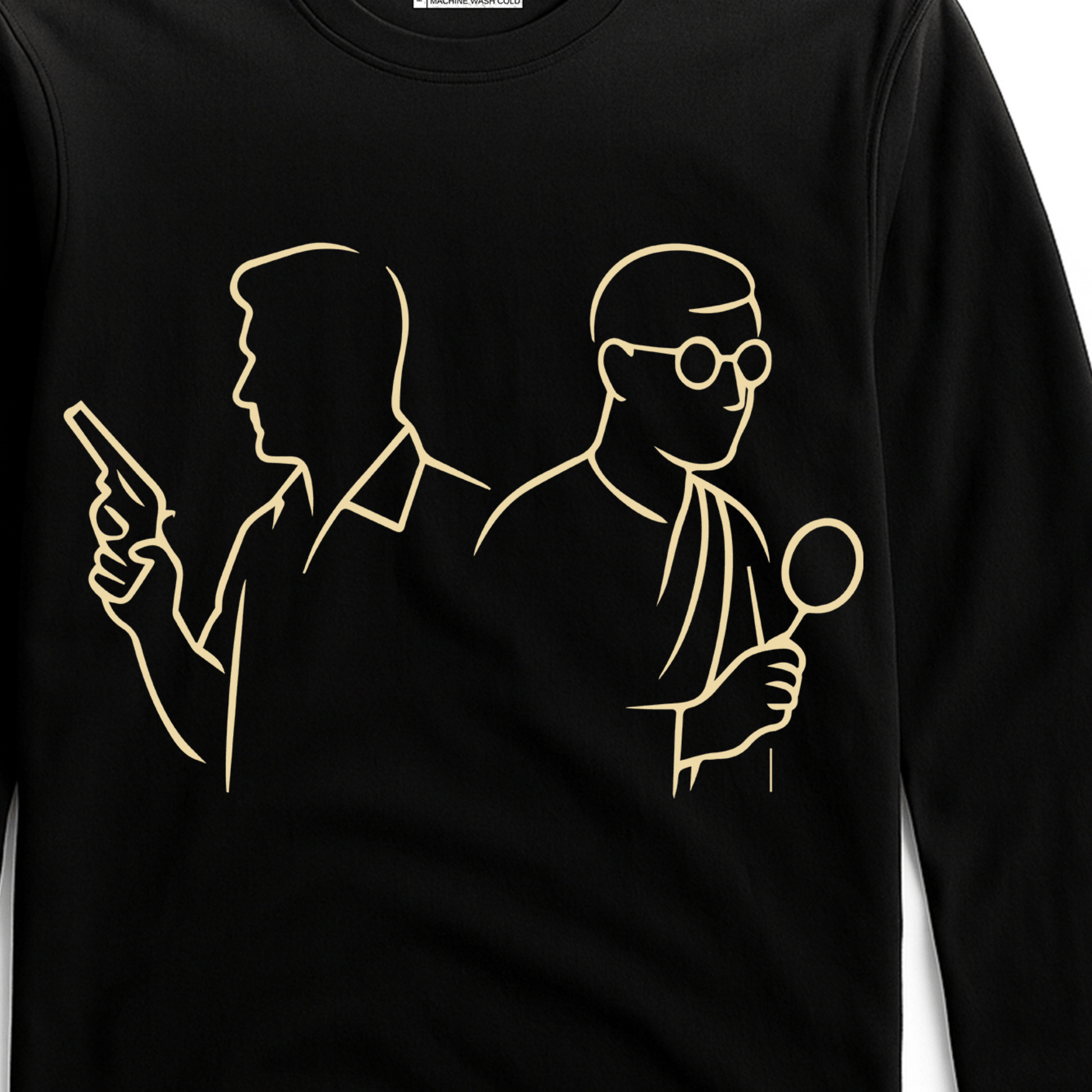 Feluda Byomkesh T-Shirt - Satyajit Ray Tribute in black cotton with minimalist line art of iconic Bengali detectives holding a gun and magnifying glass.