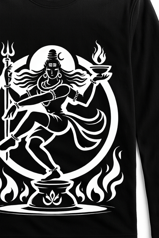 Nataraja T-Shirt - Cosmic Dance design in white on black full sleeves cotton tee. Features Lord Shiva in dynamic pose with flames, ideal for men and women.
