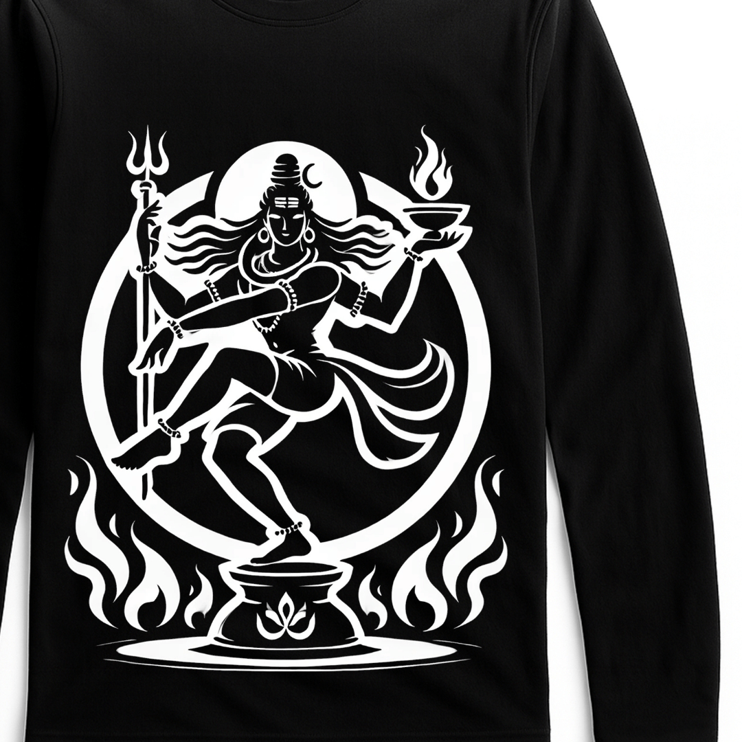 Nataraja T-Shirt - Cosmic Dance design in white on black full sleeves cotton tee. Features Lord Shiva in dynamic pose with flames, ideal for men and women.