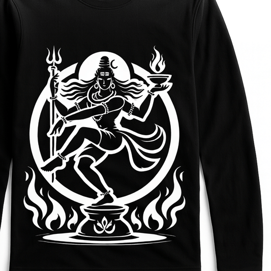Nataraja T-Shirt - Cosmic Dance design in white on black full sleeves cotton tee. Features Lord Shiva in dynamic pose with flames, ideal for men and women.