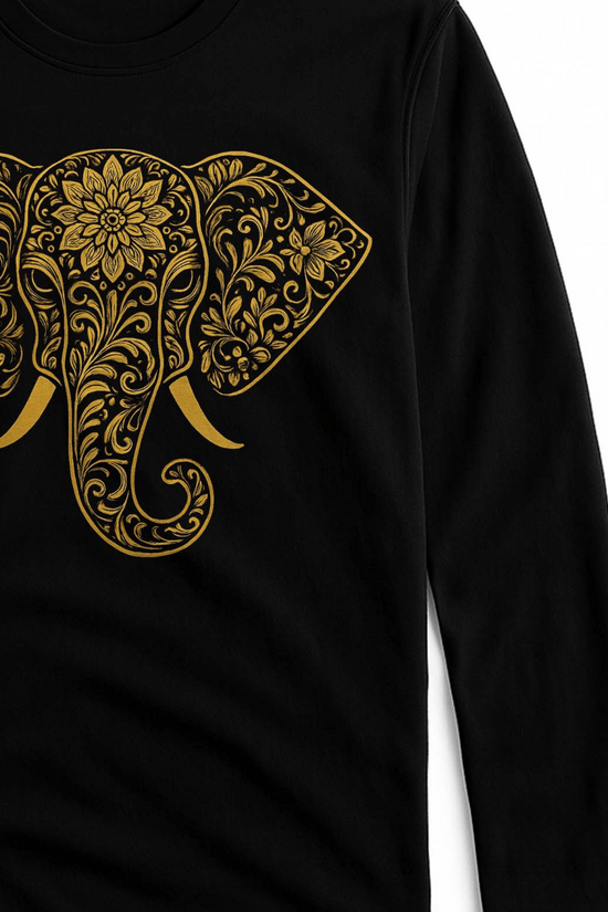 Classic Black T-Shirt - Elephant Print Gold features an intricate gold elephant head design on a unisex full sleeves black cotton tee. Ideal for artistic streetwear.