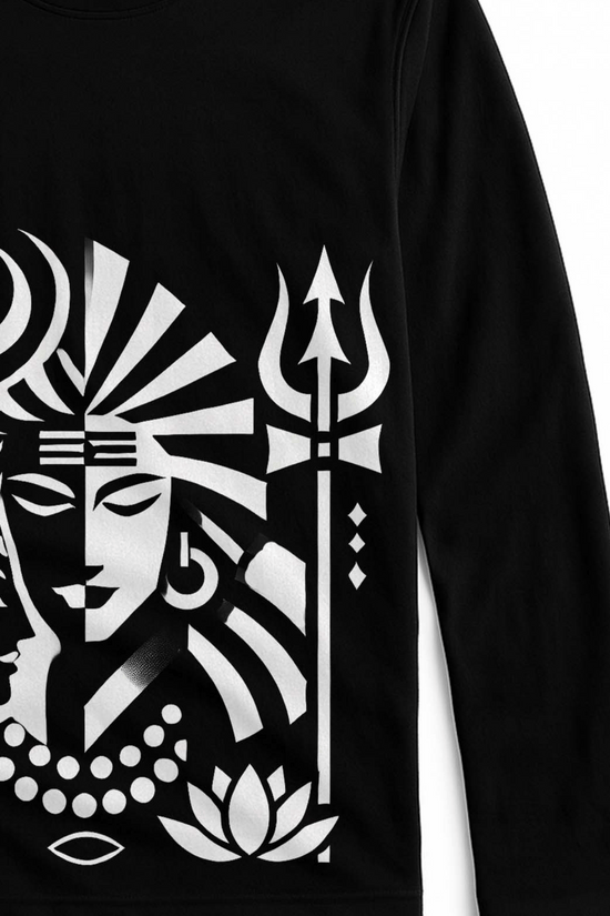 Unisex Shiva-Shakti shirt featuring bold white graphic of divine couple with trident and lotus on black full sleeves cotton T-shirt. Ideal for spiritual wear.