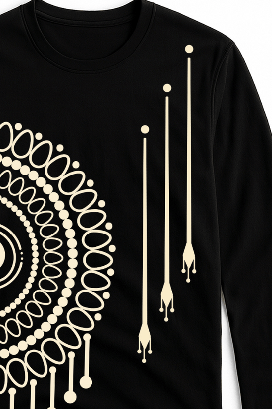 Mandala T-Shirt - Bengali Art Unisex in black with intricate maroon Alpona design on full sleeves. Made from 100% premium cotton for durability.