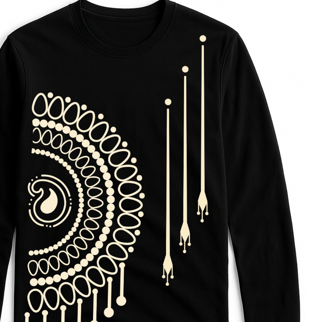 Mandala T-Shirt - Bengali Art Unisex in black with intricate maroon Alpona design on full sleeves. Made from 100% premium cotton for durability.