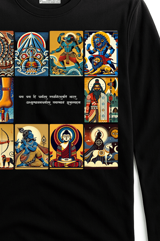 Patachitra T-Shirt - Dashavatar design on black full sleeves tee featuring vibrant illustrations of Vishnu's 10 avatars in traditional art style.
