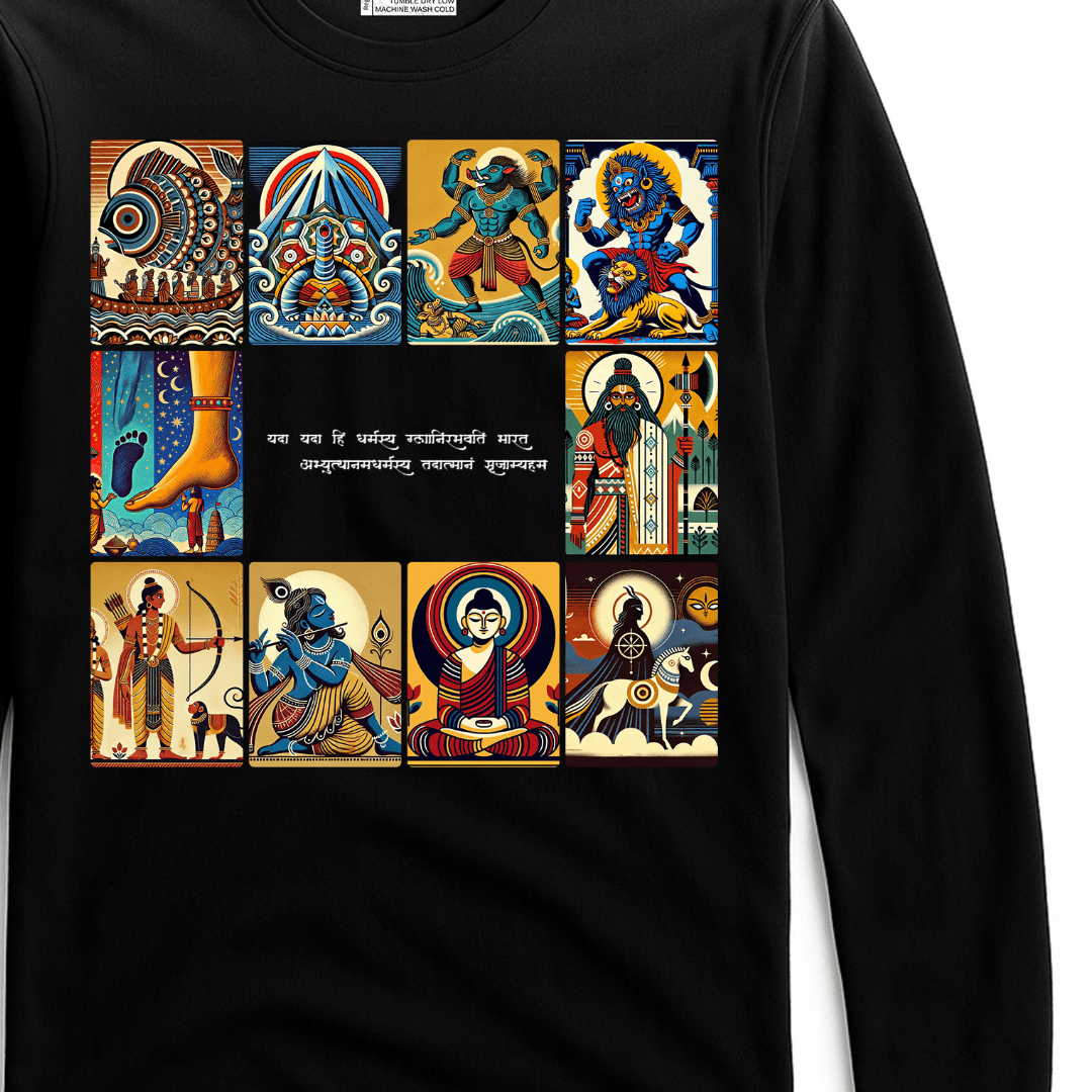 Patachitra T-Shirt - Dashavatar design on black full sleeves tee featuring vibrant illustrations of Vishnu's 10 avatars in traditional art style.