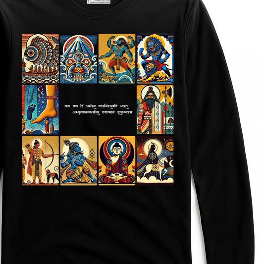 Patachitra T-Shirt - Dashavatar design on black full sleeves tee featuring vibrant illustrations of Vishnu's 10 avatars in traditional art style.