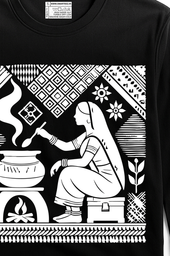 Tagore Art T-Shirt - Rabindranath design featuring a homemaker cooking over a fire, printed on a black unisex full sleeves cotton tee. Ideal for art lovers.