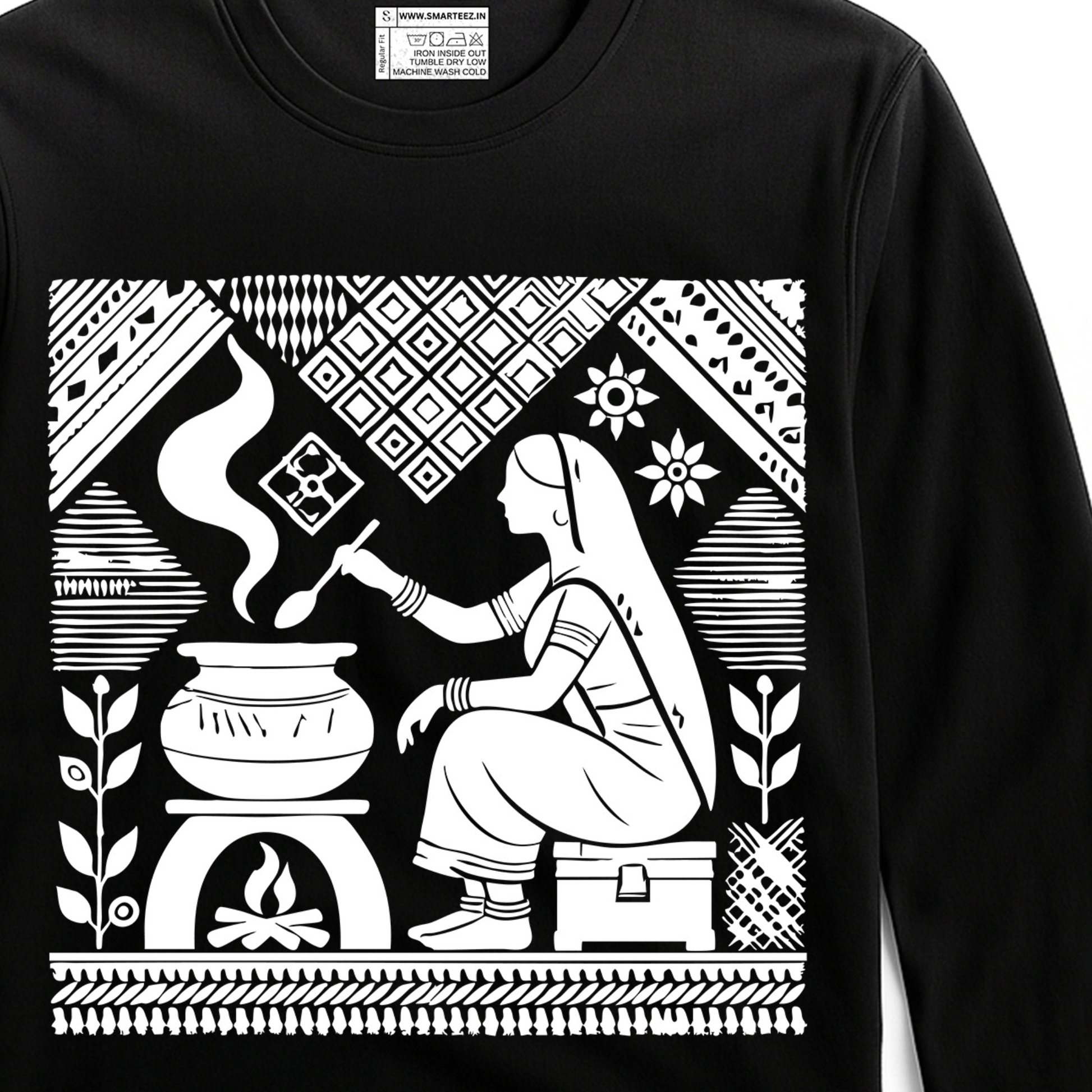 Tagore Art T-Shirt - Rabindranath design featuring a homemaker cooking over a fire, printed on a black unisex full sleeves cotton tee. Ideal for art lovers.