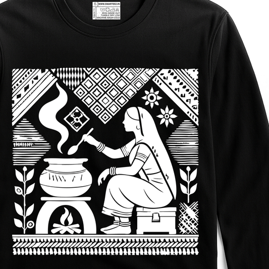 Tagore Art T-Shirt - Rabindranath design featuring a homemaker cooking over a fire, printed on a black unisex full sleeves cotton tee. Ideal for art lovers.