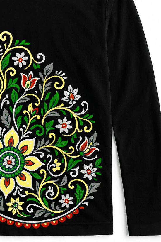 Floral Paisley T-Shirt - Graphic Full Sleeves | Unisex, Cotton featuring vibrant multicolor paisley and floral design on black fabric.