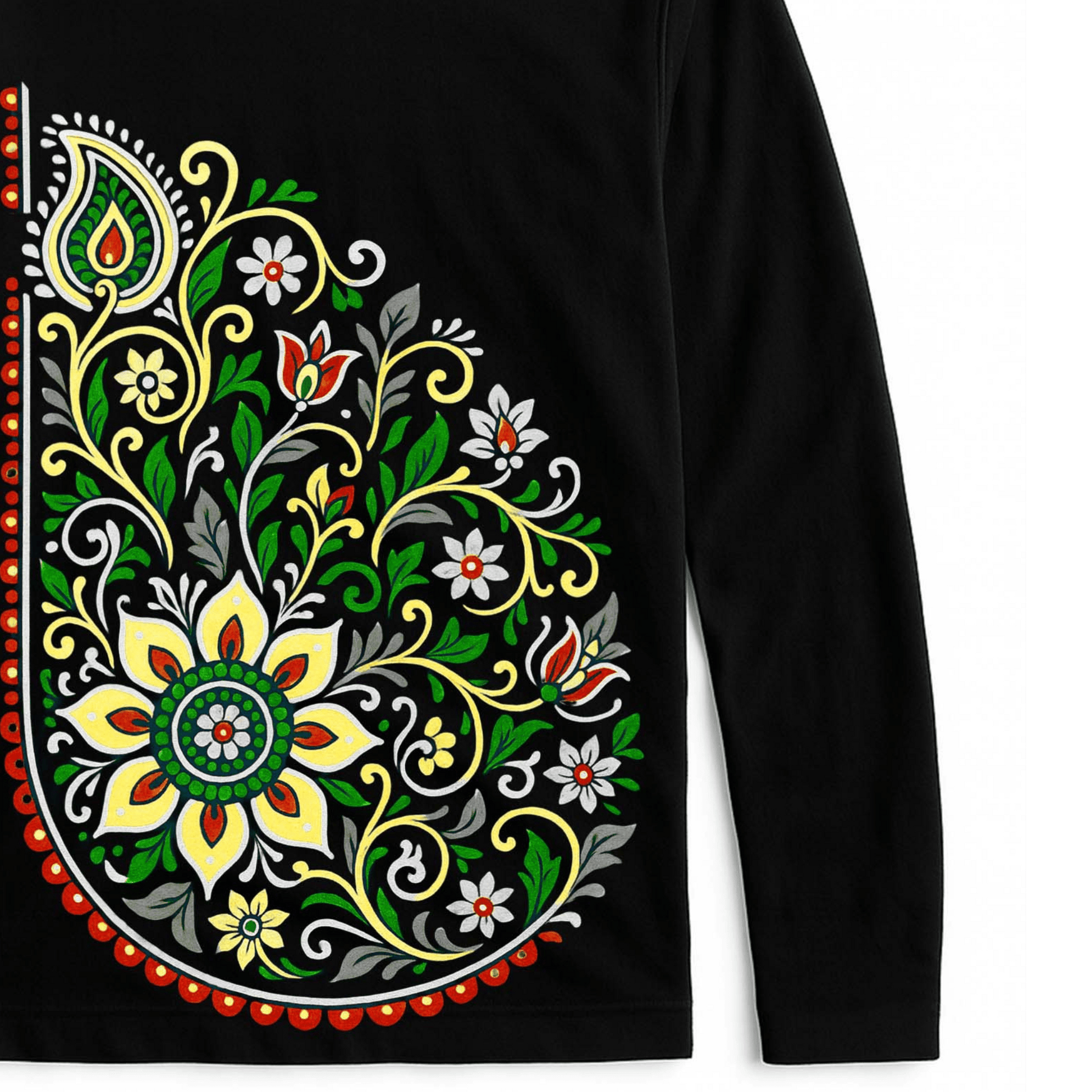 Floral Paisley T-Shirt - Graphic Full Sleeves | Unisex, Cotton featuring vibrant multicolor paisley and floral design on black fabric.