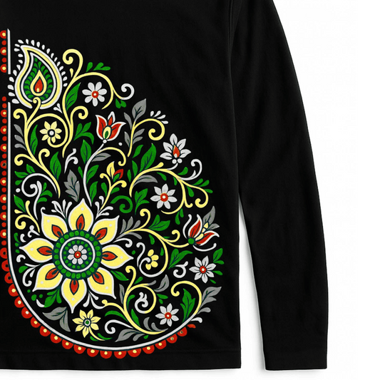 Floral Paisley T-Shirt - Graphic Full Sleeves | Unisex, Cotton featuring vibrant multicolor paisley and floral design on black fabric.