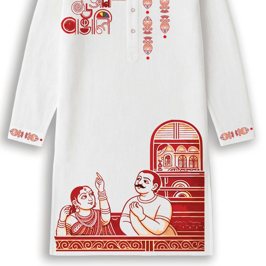Close-up of 16 Ana Bengali Kurta showcasing red printed panjabi design with a traditional Bengali couple illustration on pure cotton fabric.