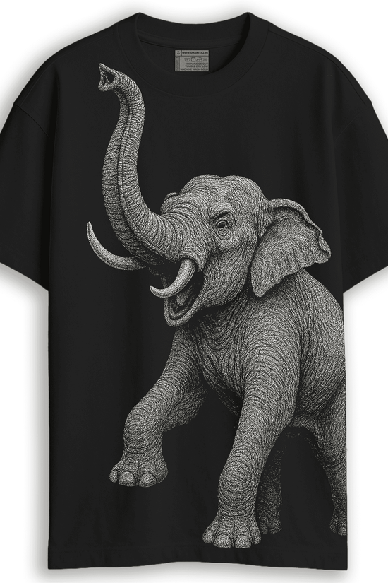 Indian Elephant Graphic T-Shirt in black featuring a detailed wildlife illustration of an elephant on the front. Unisex oversized fit for streetwear style.