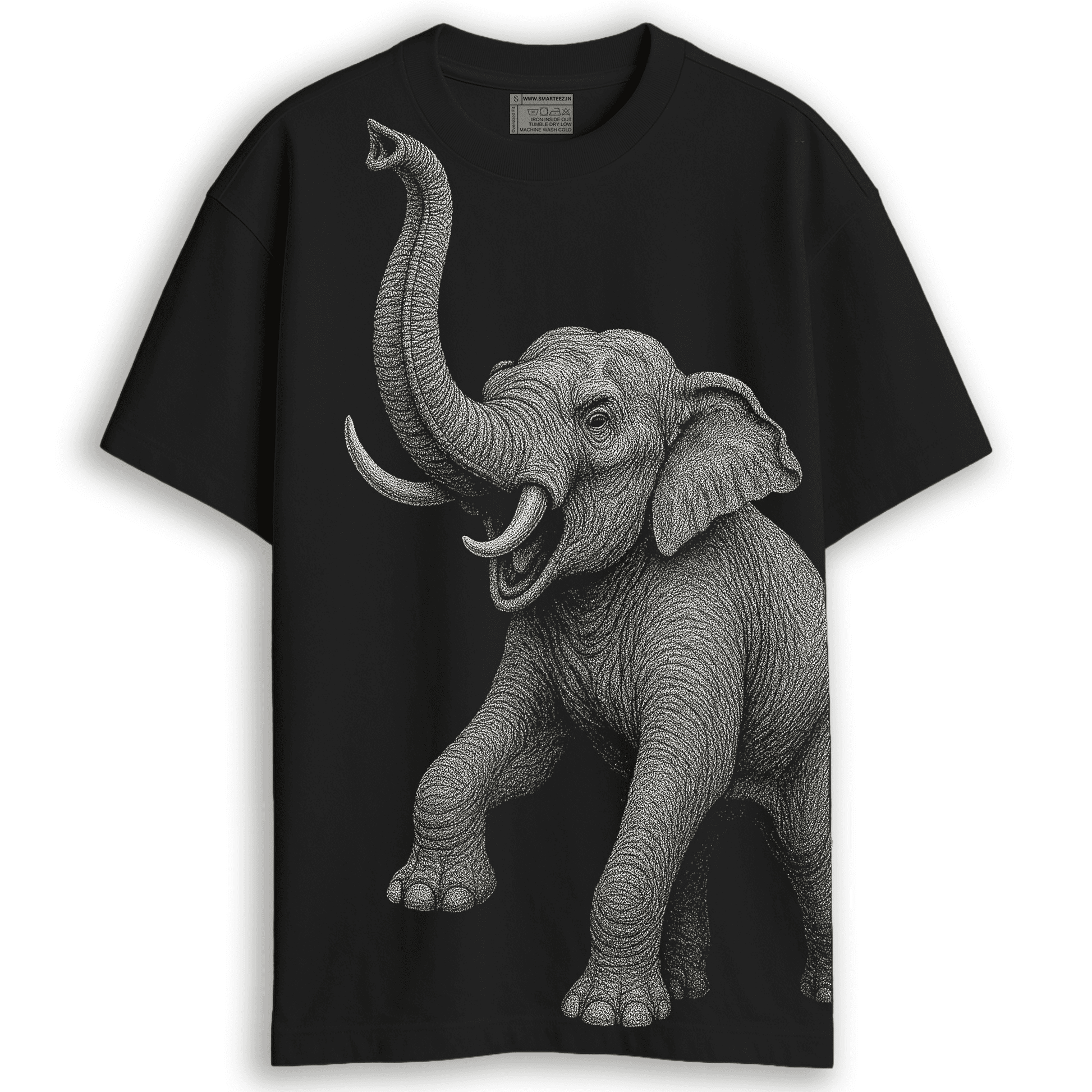 Indian Elephant Graphic T-Shirt in black featuring a detailed wildlife illustration of an elephant on the front. Unisex oversized fit for streetwear style.