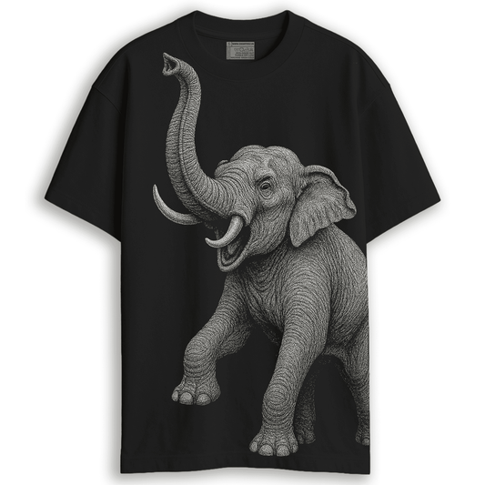 Indian Elephant Graphic T-Shirt in black featuring a detailed wildlife illustration of an elephant on the front. Unisex oversized fit for streetwear style.