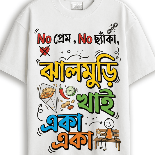White Bengali typography T-shirt with colorful text and playful illustrations for casual wear